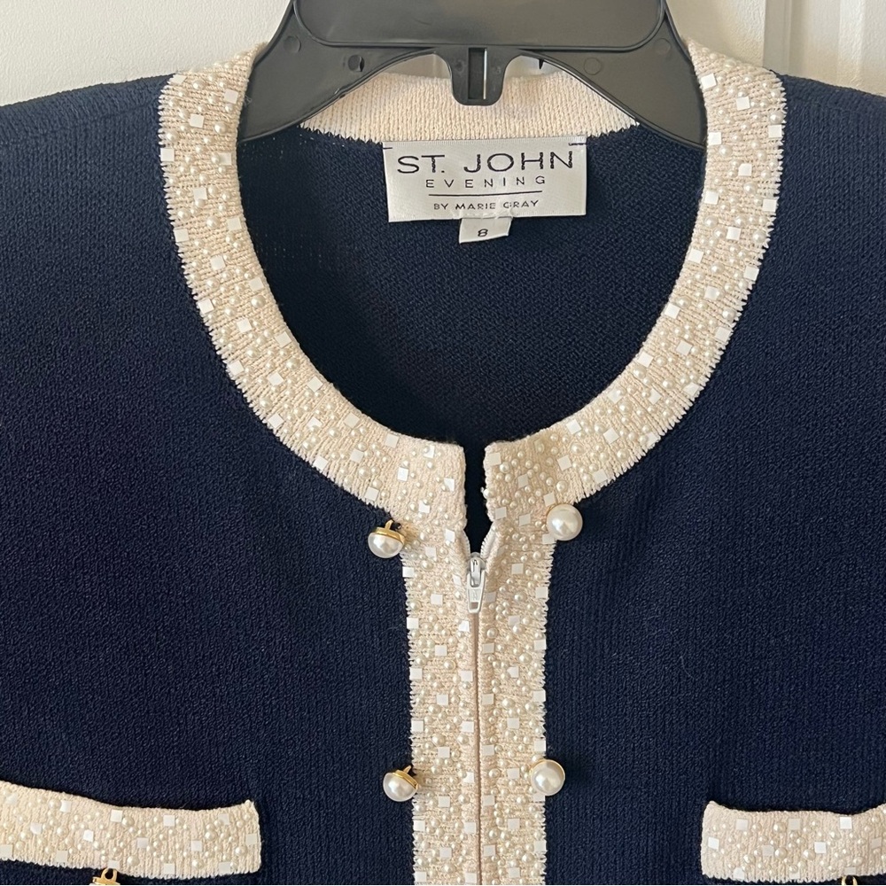 VTG St. John's Evening "The Knit Bling Cardigan" luxury Navy/Cream/Pearl Size 8 - Picture 3 of 13